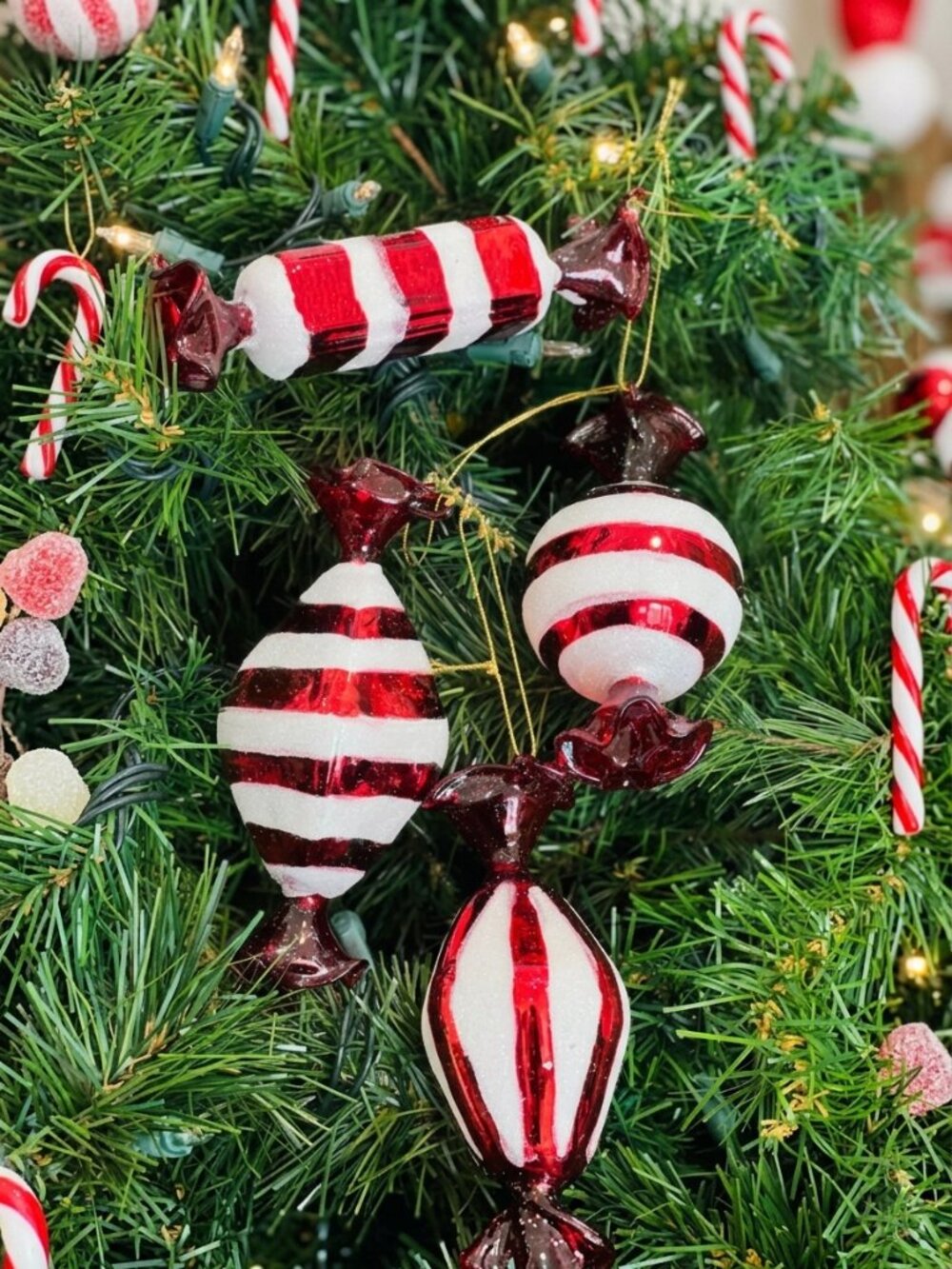 Retro Glass Candy Christmas Ornaments Set Red & White Striped Peppermint